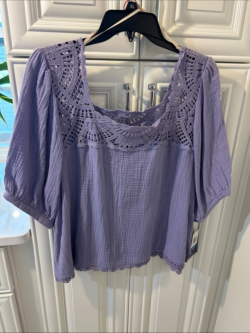 Democracy Lilac Crochet Yoke Puff Sleeve Blouse